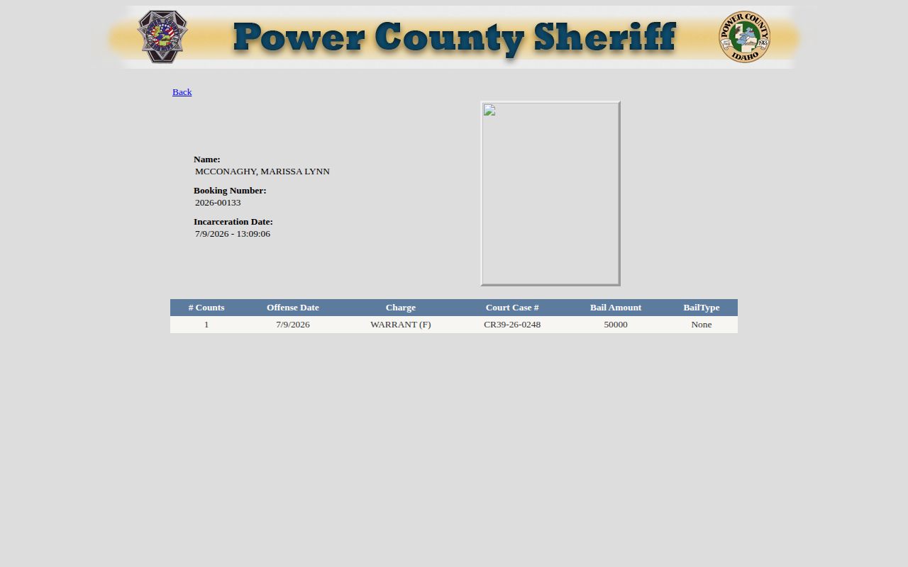 Power County arrest record booking detail field interface
