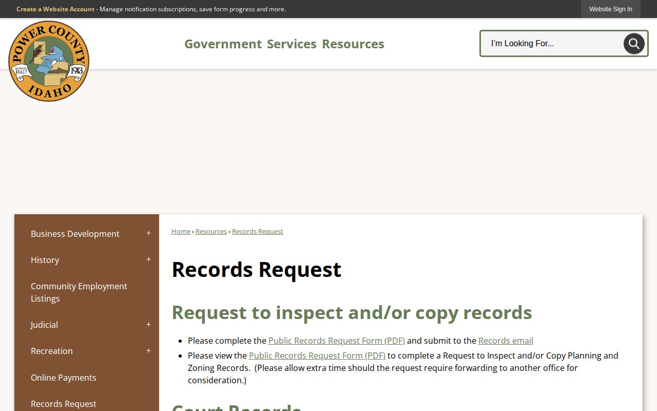 Power County arrest records request official fallback page